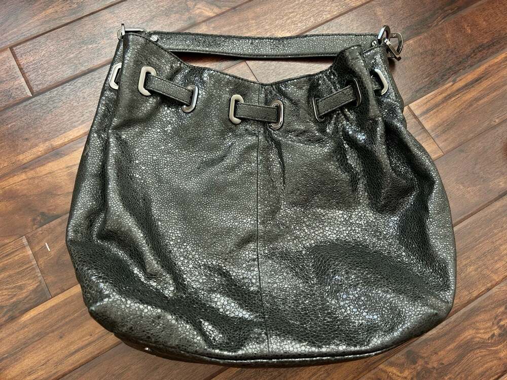 Tory Burch Natalya Black Crackle Leather Hobo Shoulder Bag Urban Chain Witch EUC - Picture 7 of 15